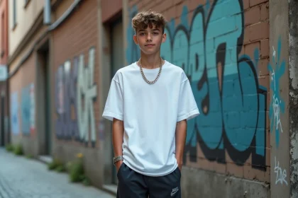 Adolescent garçon en tenue streetwear avec collier chaîne dorée et argentée superposées, posant devant un mur en béton urbain avec graffitis