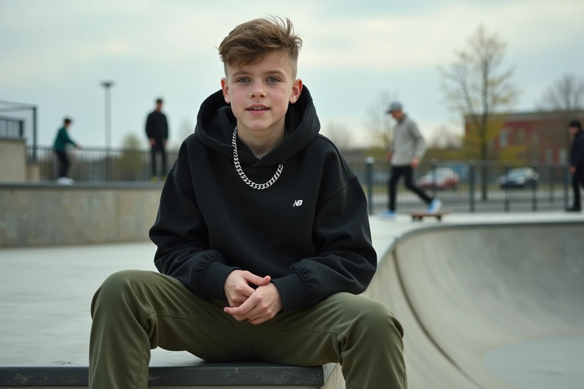 Jeune garçon adolescent en hoodie noir et cargo vert olive avec collier chaîne cubaine en acier au skatepark