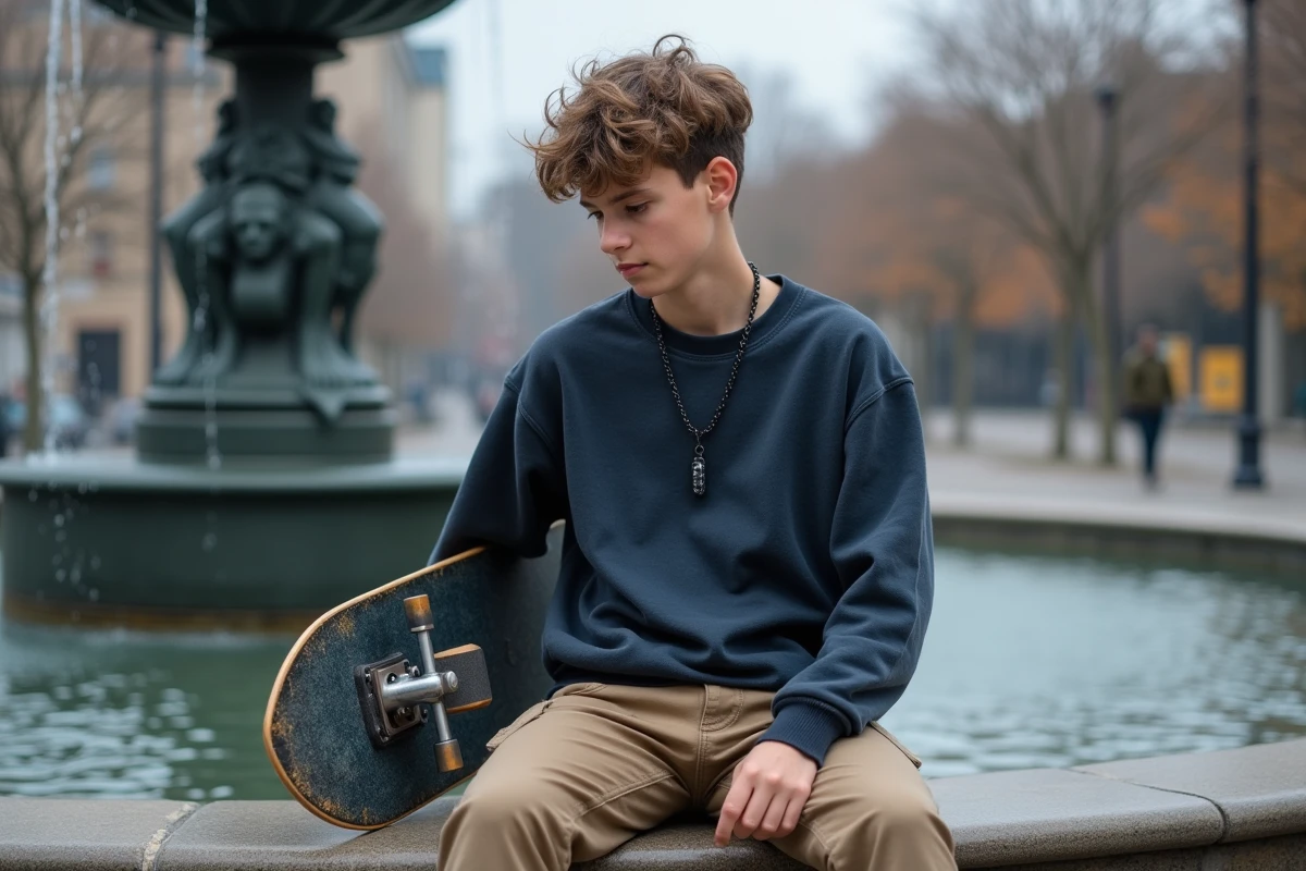 Garçon adolescent en sweatshirt vintage avec collier chaîne noire mat et pendentif, assis sur une fontaine en pierre en ville avec skateboard