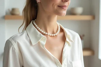 Femme portant un collier perle blanche minimaliste avec un chemisier en lin ivoire dans un intérieur scandinave épuré