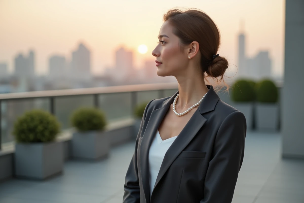 Femme élégante en blazer anthracite avec un collier de perles blanches minimaliste sur une terrasse urbaine moderne