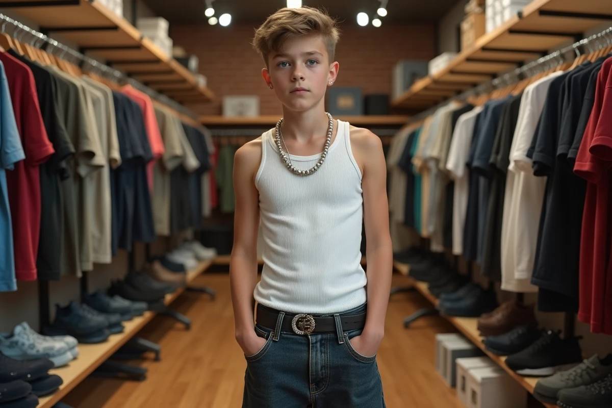 Adolescent avec collier perles et corde superposés en tenue streetwear dans une boutique de vêtements urbaine