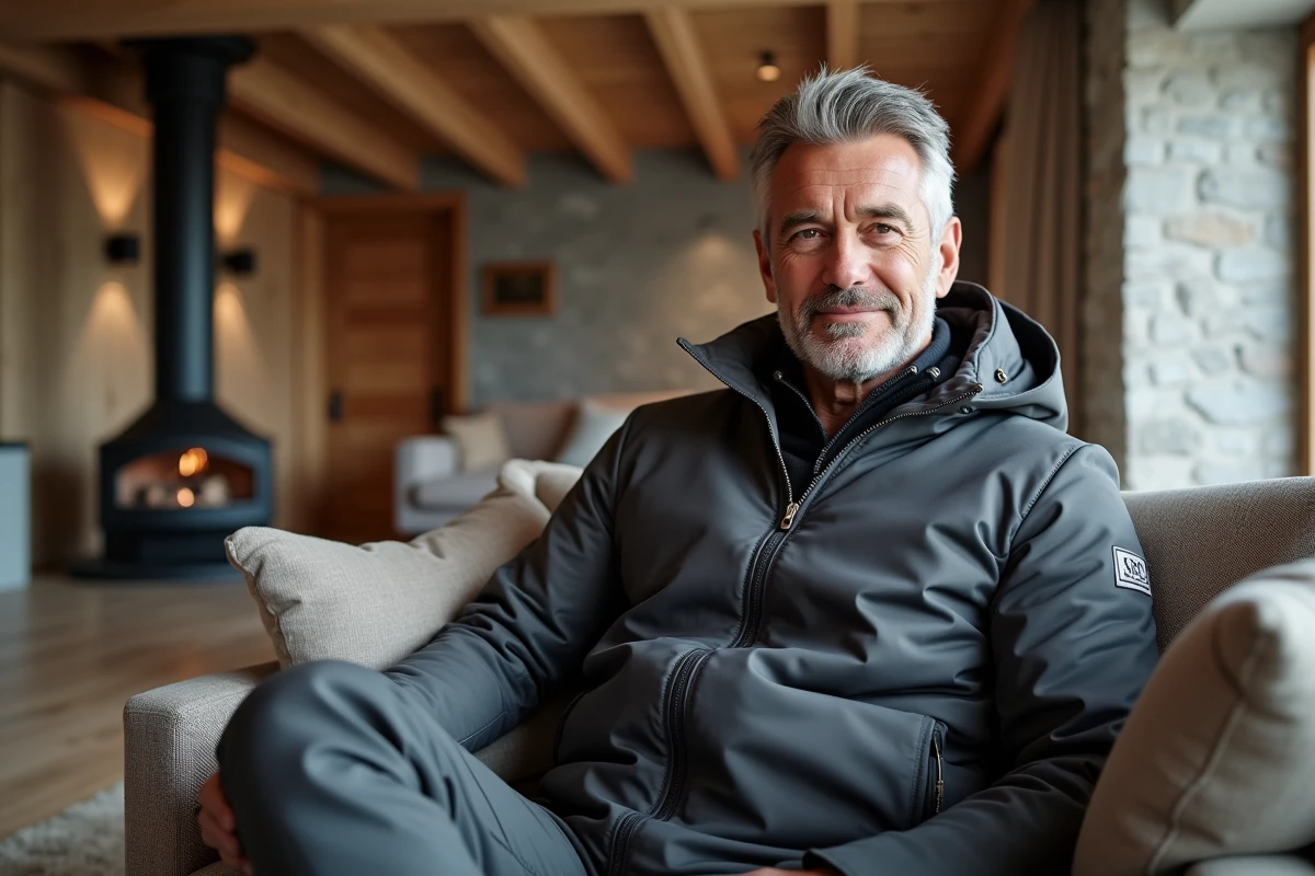 Homme en combinaison de ski gris luxe dans un chalet alpin moderne, ambiance après-ski haut de gamme pour l'hiver 2026