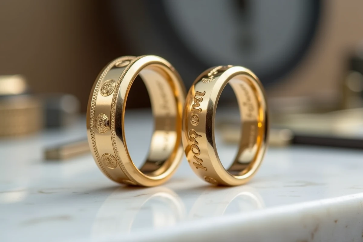 Comparaison côte à côte d'une vraie bague Cartier Love homme en or et d'une contrefaçon sur marbre blanc, mettant en évidence les différences de gravures et de finitions