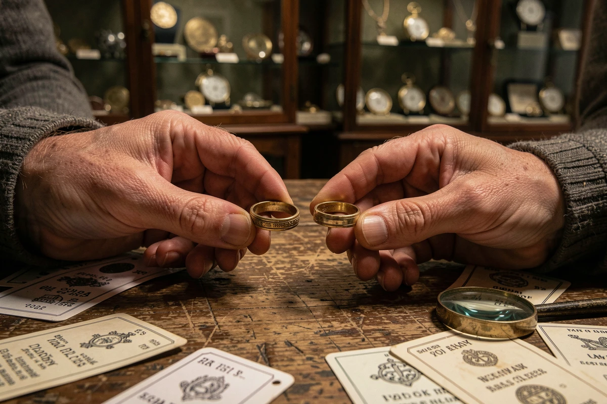 Comparaison de deux bagues en or ancien avec des fiches de poinçons sur une table d'antiquaire