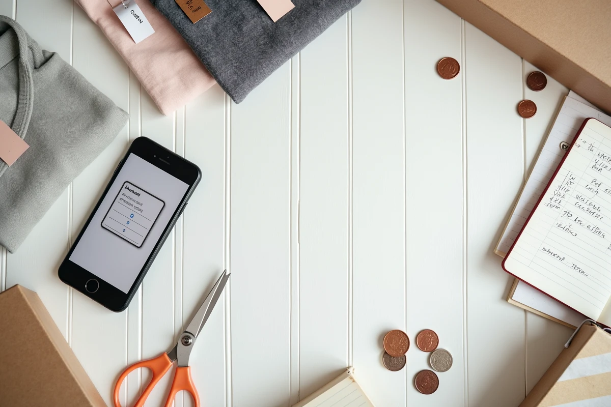 Mise en scène de comparaison de soldes avec étiquettes de prix, smartphone et calculs d'économies pour la deuxième démarque