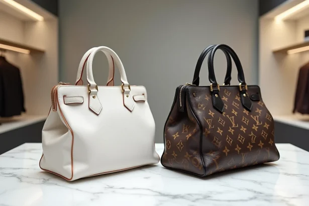 Comparaison entre un faux sac Louis Vuitton et un authentique posés côte à côte sur du marbre, révélant les défauts de contrefaçon