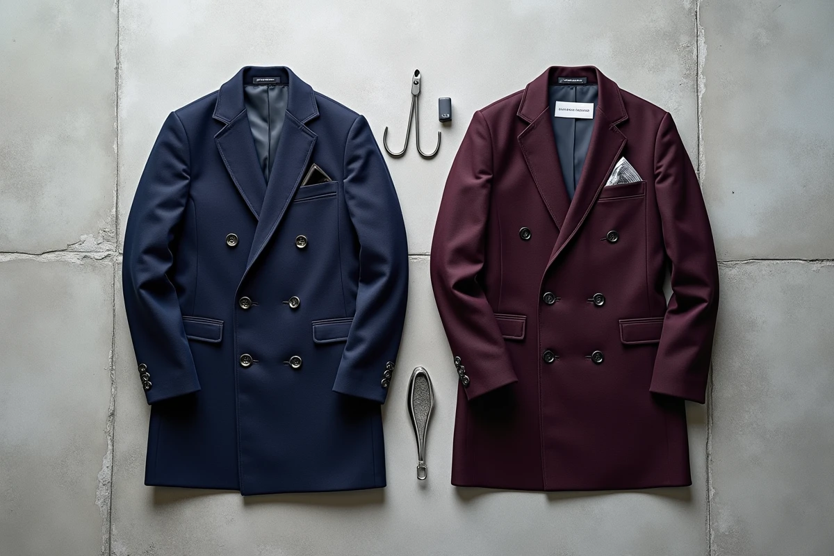 Comparaison à plat d'un manteau avec poche cousue et d'un manteau avec poche ouverte sur fond gris