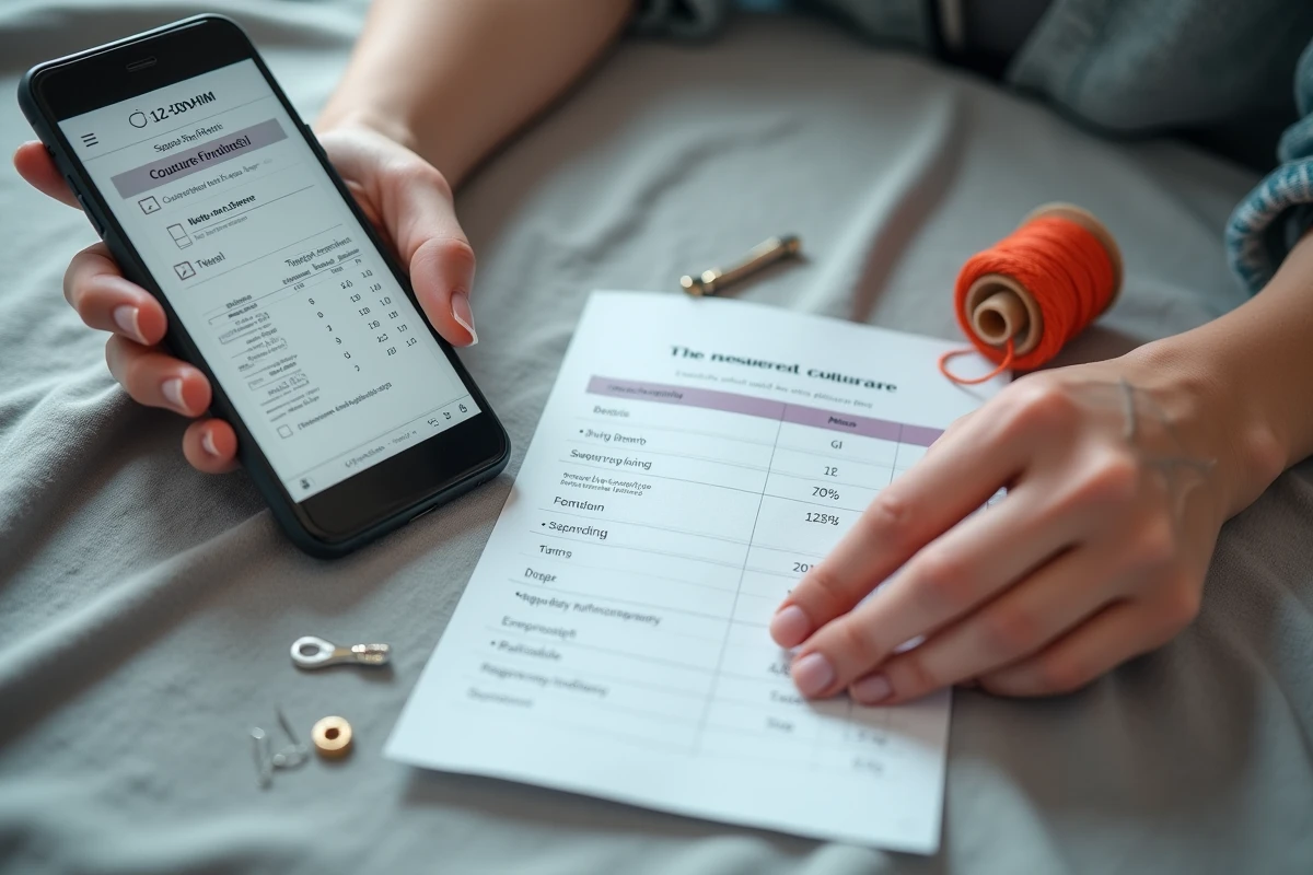 Comparaison de tarifs de couture à domicile sur smartphone et fiche tarifaire imprimée avec accessoires de couture