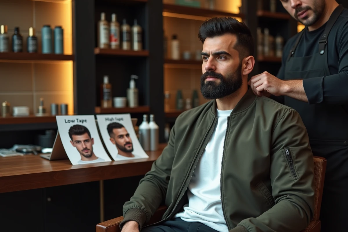 Client et coiffeur comparant les coupes taper bas et taper haut pour choisir selon la forme du visage
