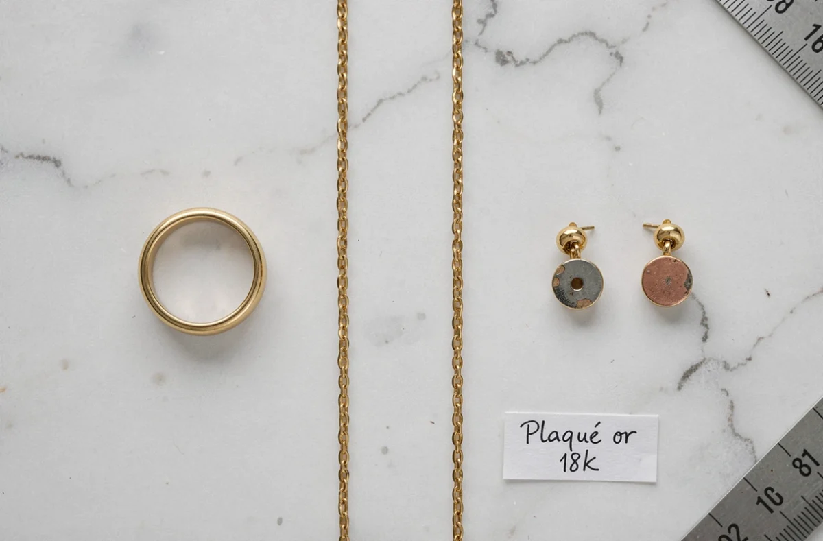 Comparaison de bijoux en or plaqué 18 carats à différents stades d'usure sur marbre blanc, illustrant la durabilité du placage