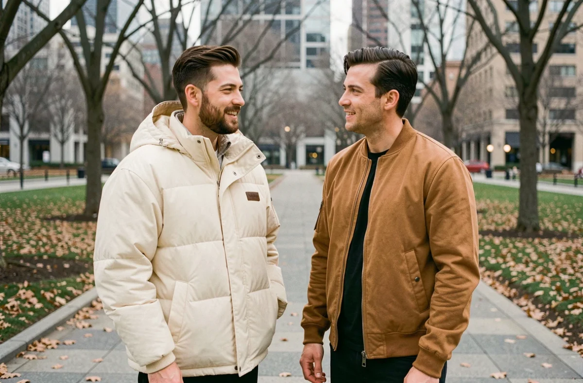Comparaison de deux styles de vestes streetwear homme, oversize et cintrée, portées côte à côte dans un parc urbain en hiver