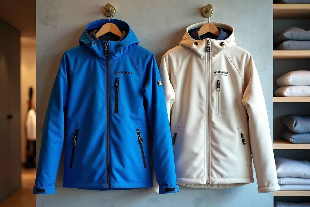 Deux vestes de ski haut de gamme comparées en boutique, marque sportive versus luxe discret sans logo pour 2026
