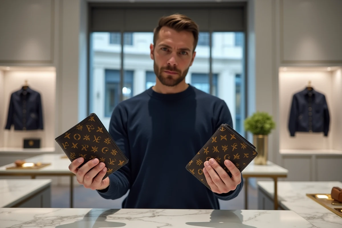 Comparaison entre un vrai et un faux portefeuille Louis Vuitton tenu par un homme dans une boutique de luxe