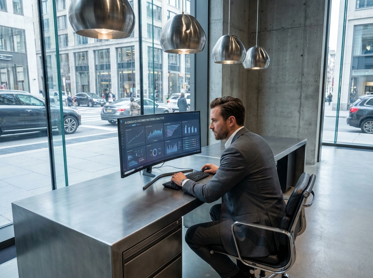 Conseiller en boutique de luxe analysant des données clients générées par intelligence artificielle sur un écran moderne dans un showroom contemporain