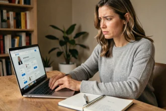 Femme cherchant à contacter le service client Zalando depuis son bureau à domicile sans numéro de commande