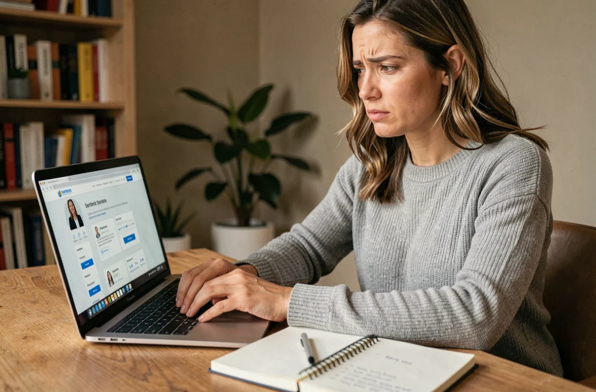 Femme cherchant à contacter le service client Zalando depuis son bureau à domicile sans numéro de commande