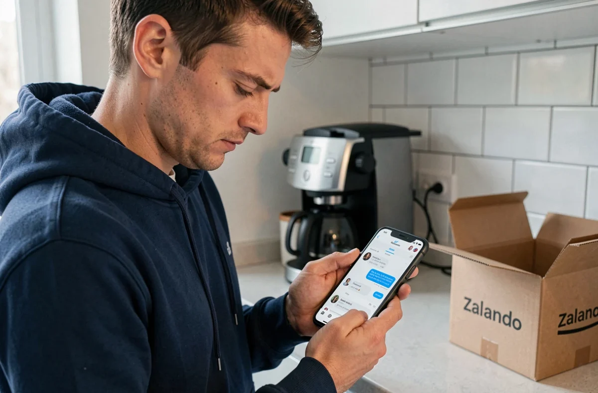 Homme consultant le service client Zalando sur son smartphone dans une cuisine avec un colis de livraison posé sur le comptoir