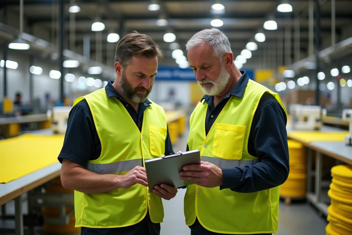 Deux ouvriers d'une usine française contrôlant la qualité de gilets jaunes sur une ligne de production textile