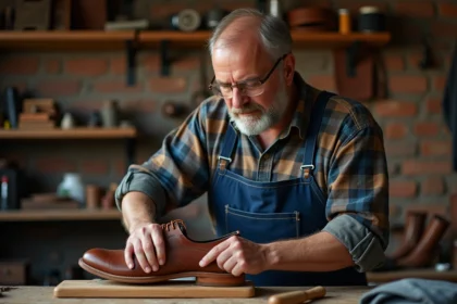 Cordonniers en atelier avec chaussure en cuir