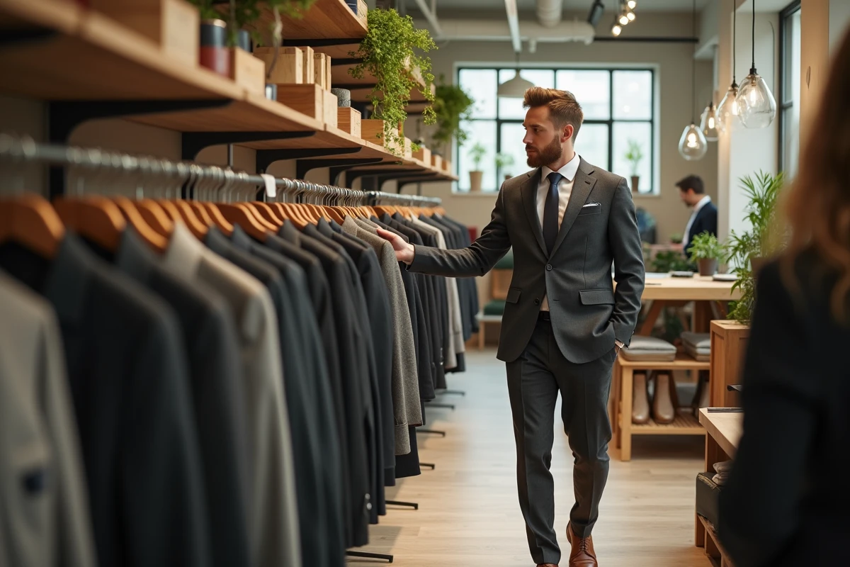 Homme en costume en laine biologique choisissant une tenue de Nouvel An durable dans une boutique écoresponsable
