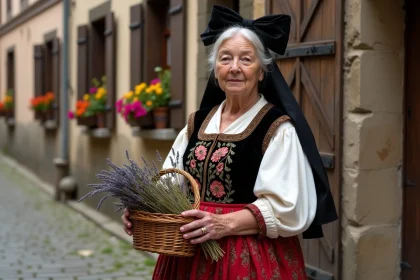 Femme âgée en costume traditionnel alsacien devant une maison à colombages, tenant un panier de lavande séchée