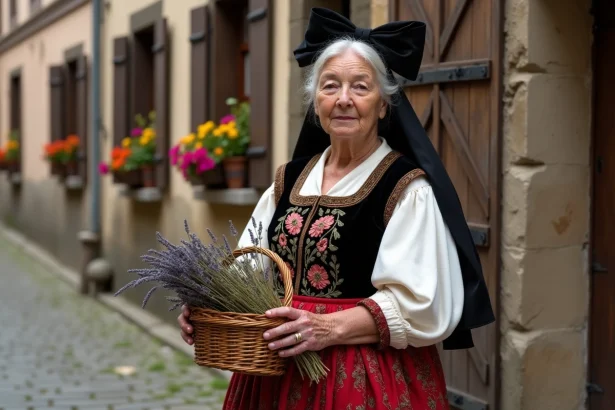 Femme âgée en costume traditionnel alsacien devant une maison à colombages, tenant un panier de lavande séchée