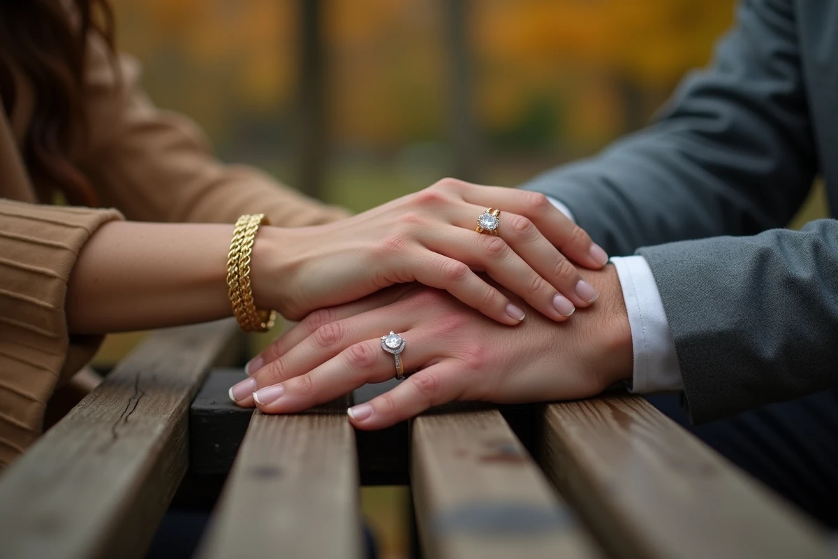 Mains entrelacées d'un couple sur un banc de parc avec bracelet en commun en or jaune et bague de fiançailles