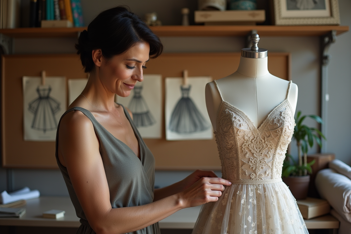 Designer de mode femme en atelier avec mannequin et textiles