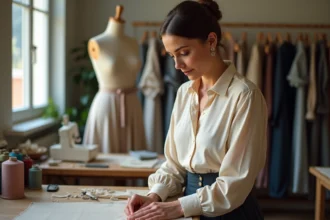 Couturière femme pinçant tissu dans son atelier à Nice