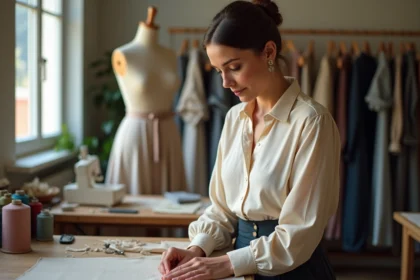 Couturière femme pinçant tissu dans son atelier à Nice