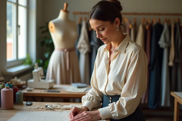 Couturière femme pinçant tissu dans son atelier à Nice