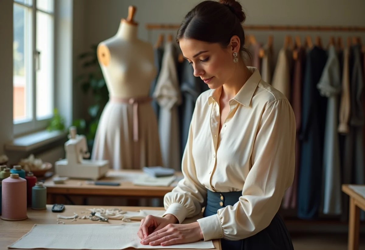 Couturière femme pinçant tissu dans son atelier à Nice