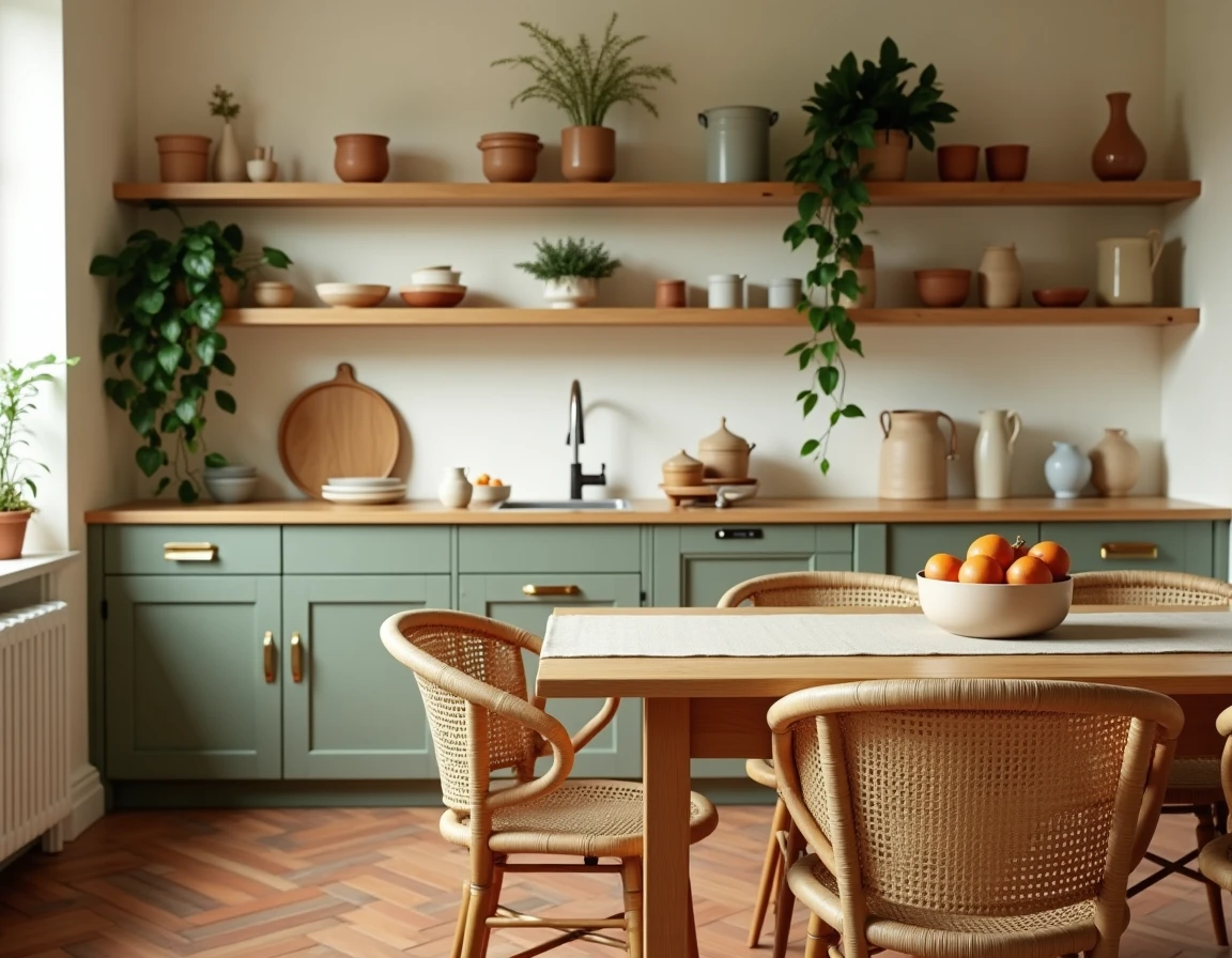 Cuisine avec armoires vert kaki, bois de chêne doré et accessoires en laiton dans un intérieur naturel et chaleureux
