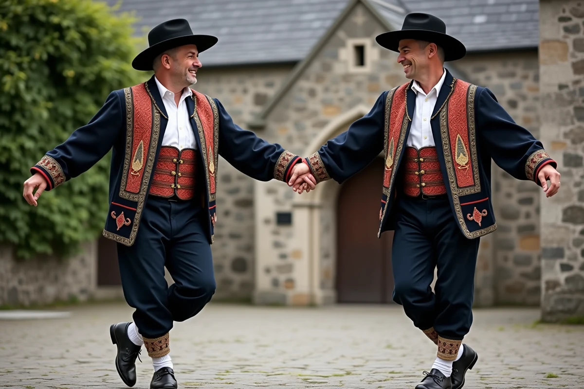 Deux hommes en costume breton traditionnel dansant sur une place de village en Bretagne lors d'un fest-noz