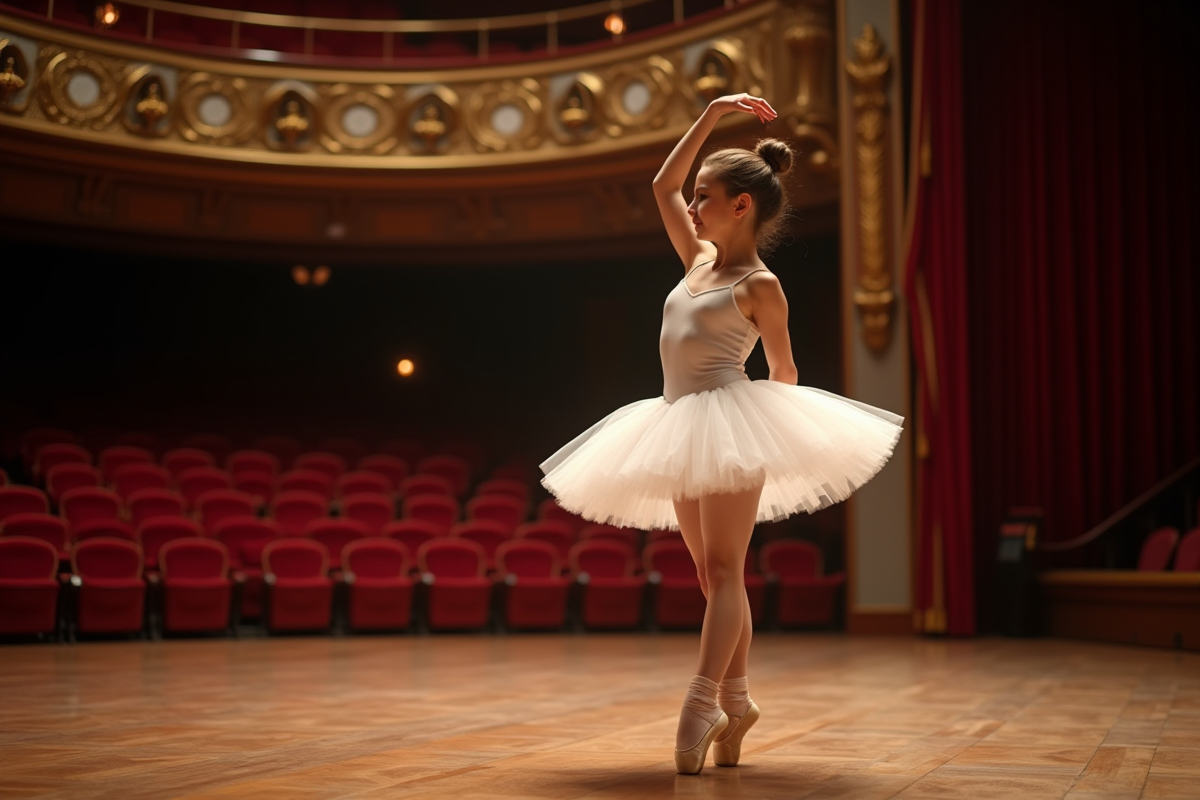 Jeune danseuse ballet en arabesque dans un théâtre élégant