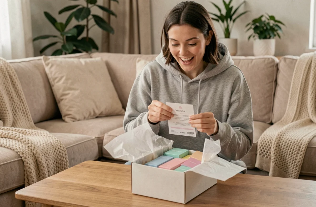 Femme déballant une commande de produits de soin Yepoda avec des articles emballés dans du papier de soie sur une table basse en bois
