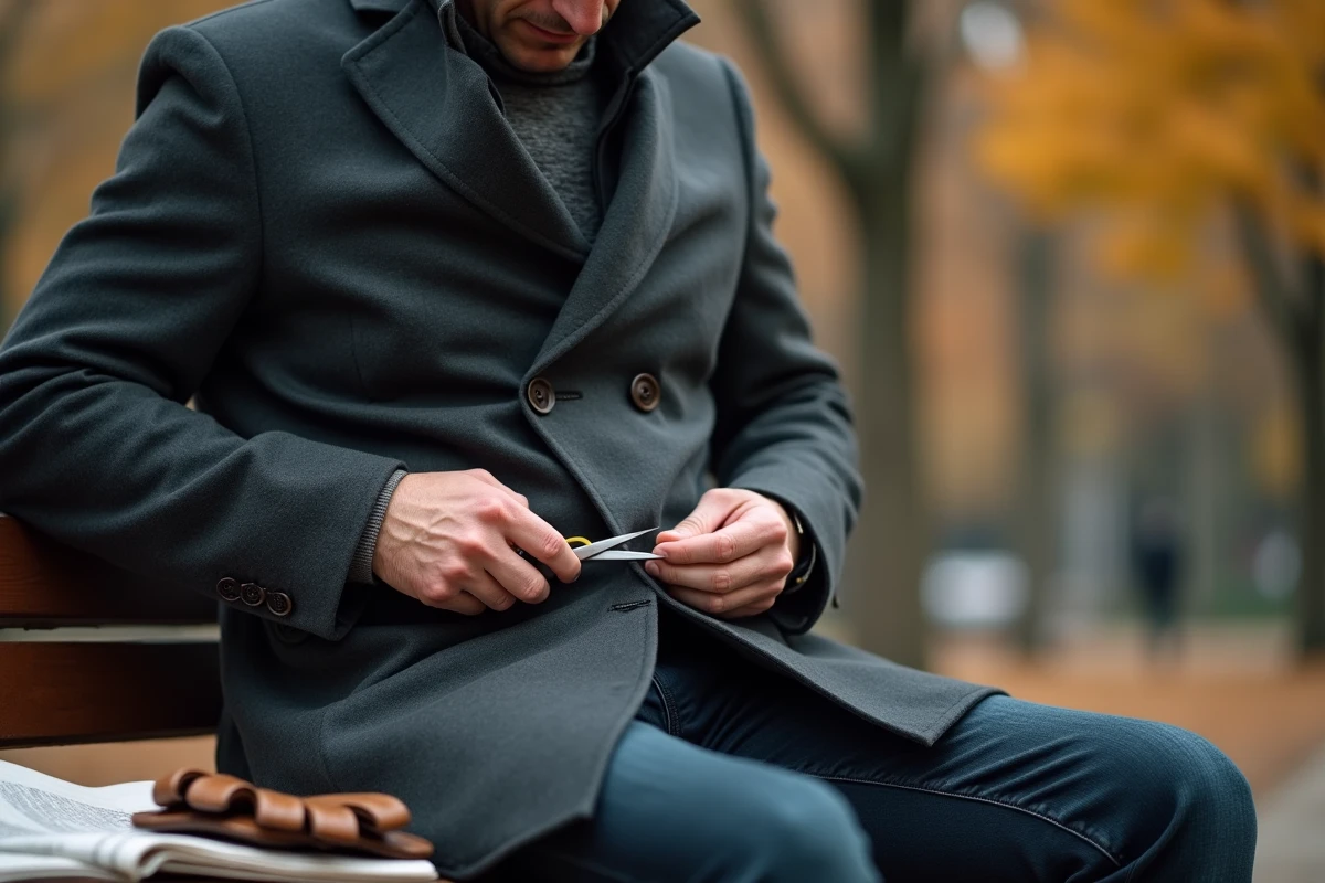Homme décousant les poches d'un manteau gris charbon avec des ciseaux dans un parc en automne