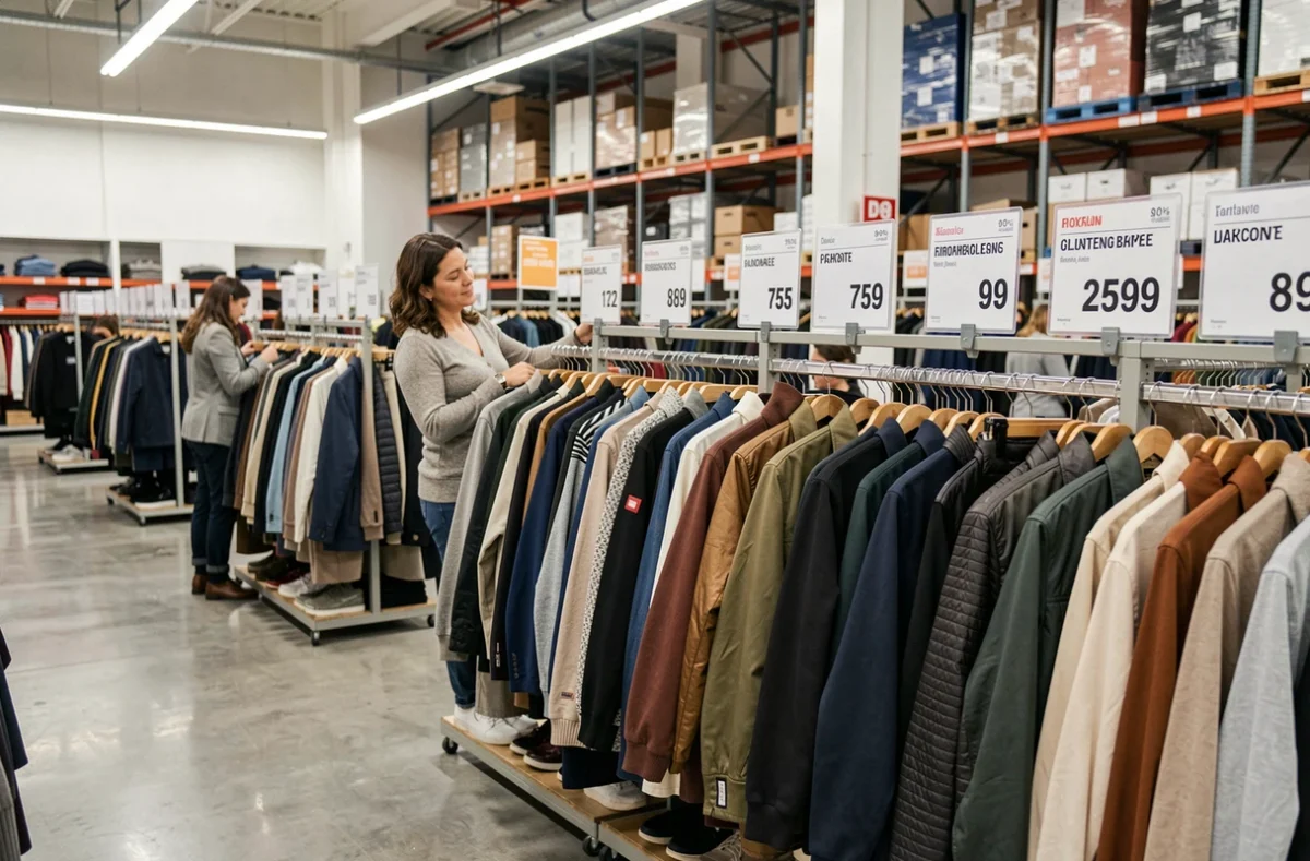 Intérieur du magasin Degriffstock à Perpignan avec des rayons de vêtements de marque à prix réduit