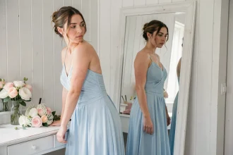 Demoiselle d'honneur en robe bleue pastel longue devant un miroir, examinant l'ajustement de sa tenue le jour du mariage
