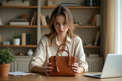 Femme inspectant de près un sac à main de luxe Louis Vuitton pour détecter une contrefaçon lors d'un achat en ligne