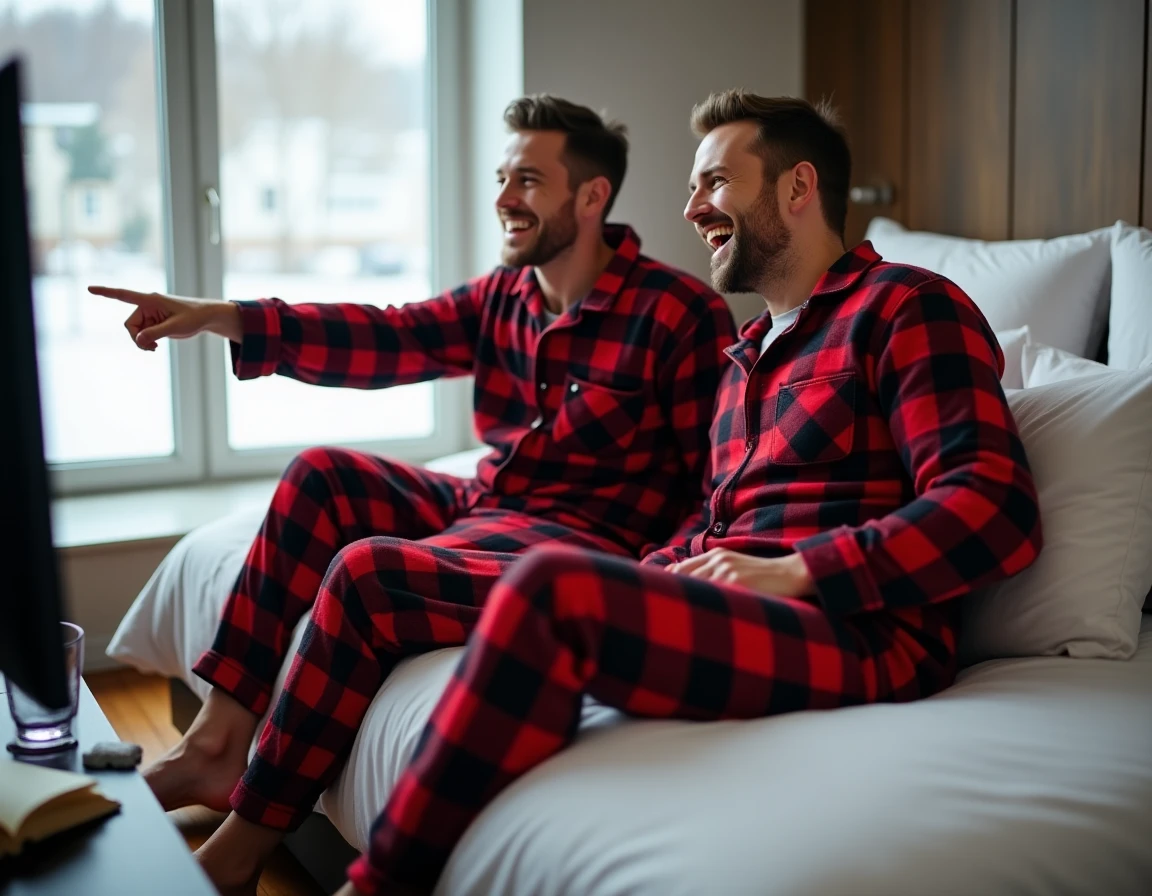 Deux hommes en pyjama grenouillère à carreaux rouges et noirs riant ensemble dans une chambre cosy en hiver