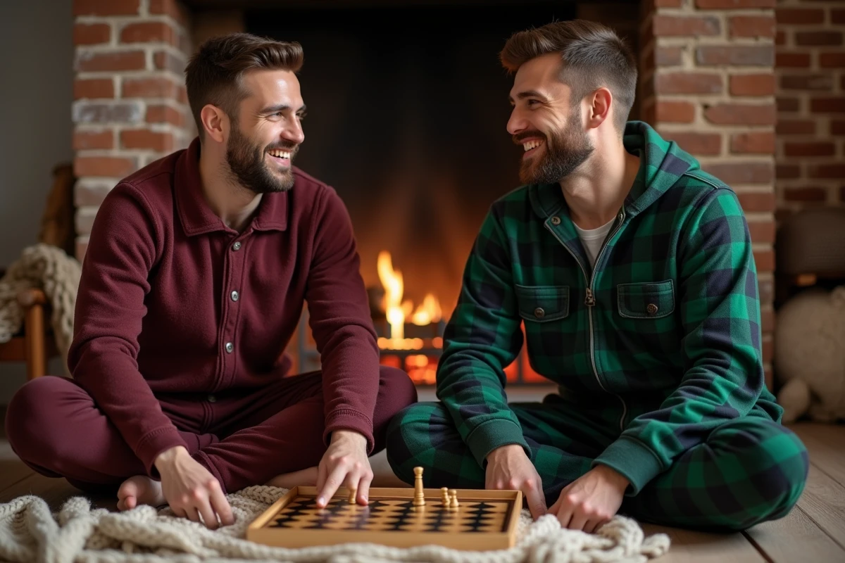 Deux hommes en pyjama grenouillère différents assis devant une cheminée jouant à un jeu de société