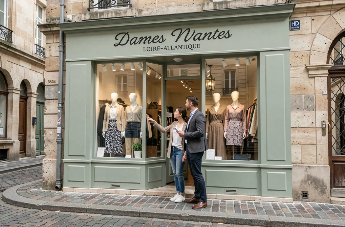 Devanture d'une boutique de vêtements tendance dans le centre historique de Nantes, couple admirant la vitrine sur une rue pavée
