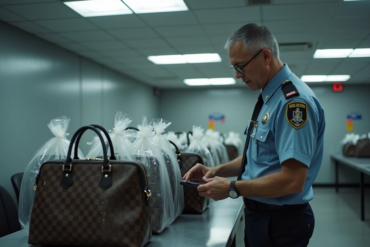 Agent des douanes examinant des contrefaçons de sacs Louis Vuitton saisis dans une salle d'inspection aéroportuaire