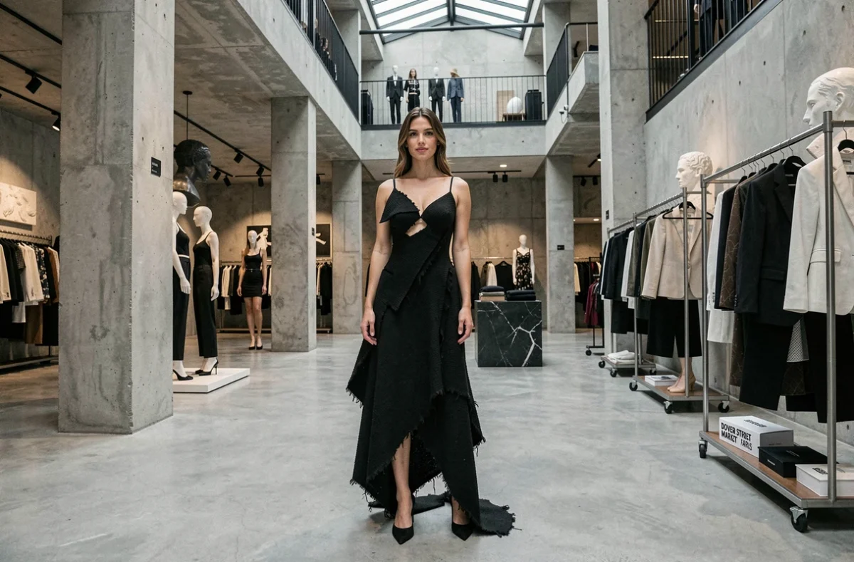 Femme en robe de soirée déstructurée noire au Dover Street Market Paris