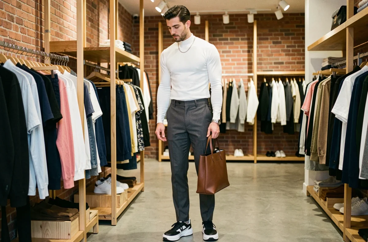 Homme de petite stature en tenue smart casual avec pantalon taille haute et sneakers plateforme dans une boutique de mode moderne