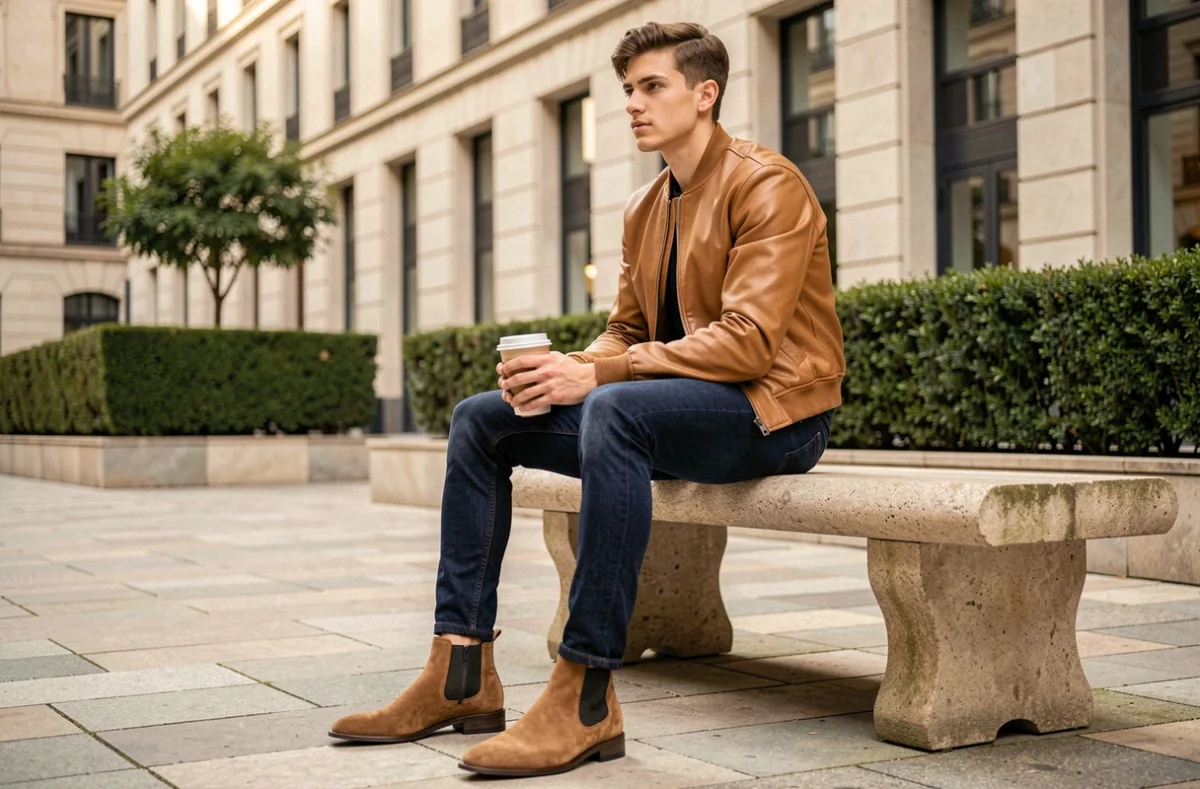 Jeune homme petit et mince en veste bomber camel et boots Chelsea assis dans une place européenne, tenue drip élégante adaptée au petit gabarit