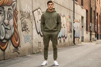 Jeune homme de petite taille portant une tenue streetwear monochrome bien ajustée dans une ruelle urbaine, style drip adapté aux petits gabarits