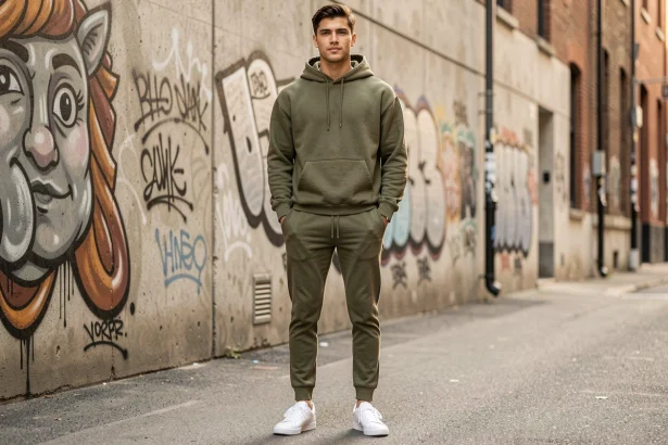 Jeune homme de petite taille portant une tenue streetwear monochrome bien ajustée dans une ruelle urbaine, style drip adapté aux petits gabarits